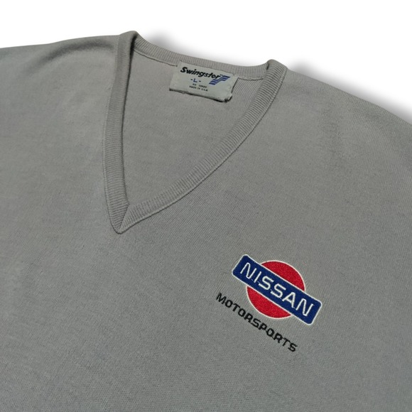 Vintage Nissan Motorsports V-Neck Sweater Size Large Gray Sweatshirt USA Made - Picture 1 of 11